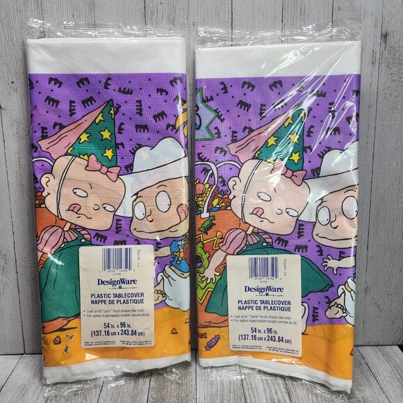 Vtg Designware Rugrats Halloween Table Cover Satin 54x96 Orange Purple Set of 2 - Picture 2 of 3